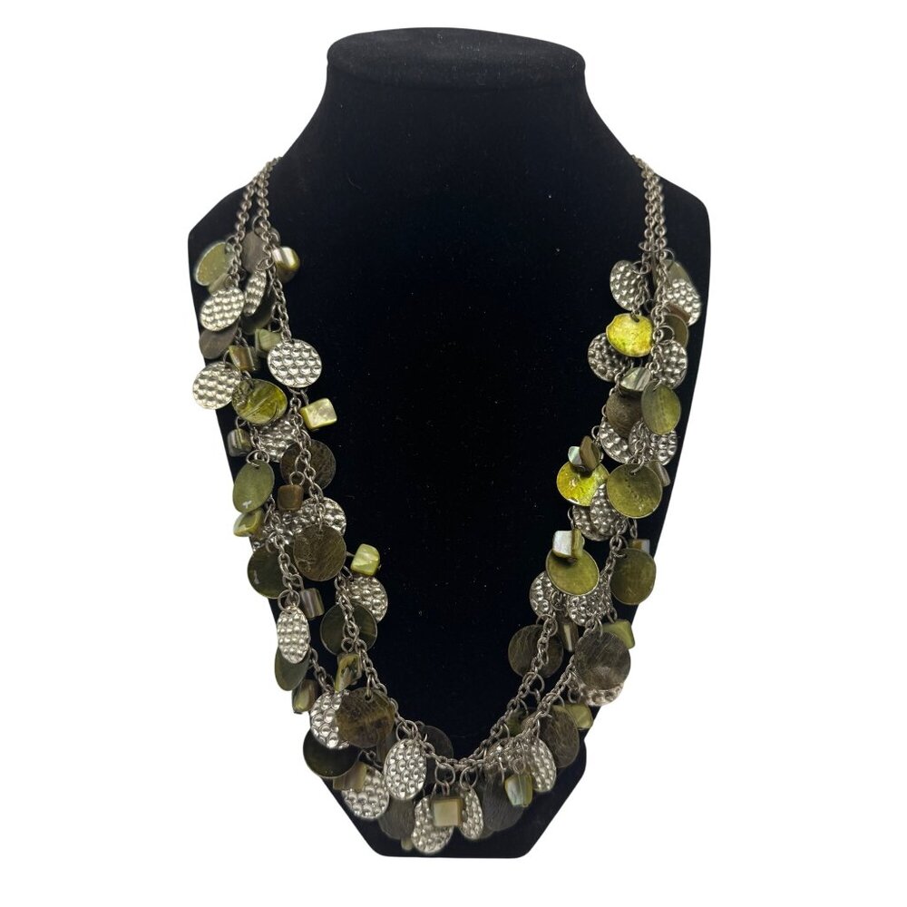 Green Silver Tone Layered Chain Necklace Discs Beads Multistrand Adjustable